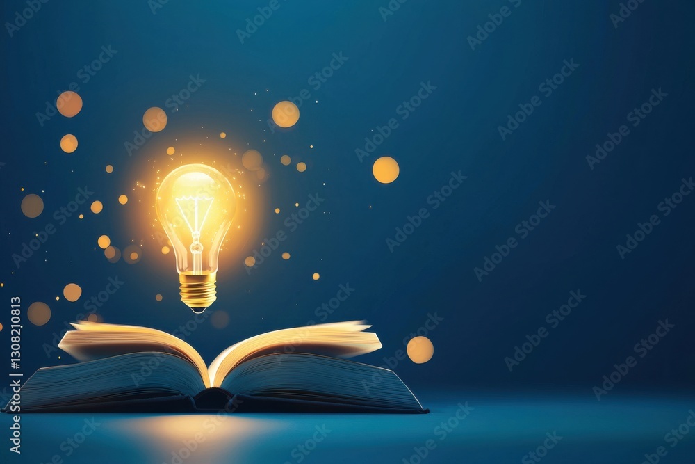 Poster glowing lightbulb floating over open book on moody blue background symbolizing idea acquisition and 