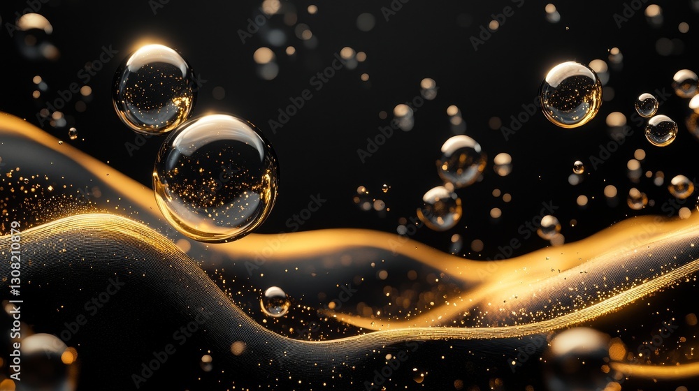 Poster elegant black and gold background with floating transparent bubbles, featuring a luxurious and minim
