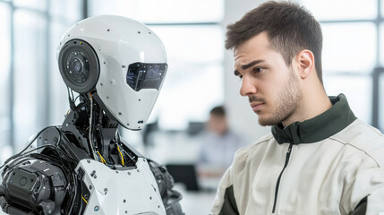 Aussie entrepreneurs businessman. A man interacts with a humanoid robot in a modern setting.