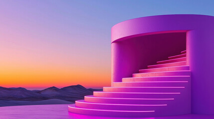 Stunning spiral staircase leading upwards in a desert landscape under a bright purple sky creating a futuristic scene