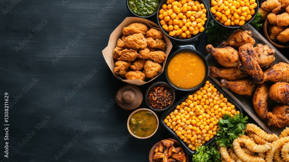 Poster a vibrant variety of food spread across a table creating an inviting atmosphere for dining and enjoy