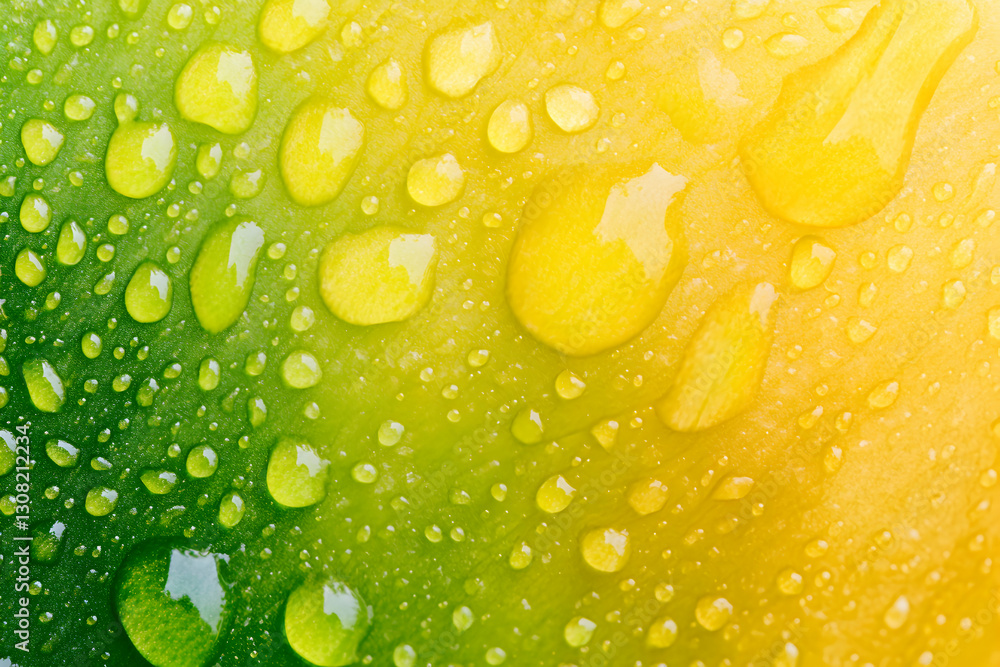 Poster Macro shot of water droplets on a vibrant green and yellow surface, showcasing a gradient of color and texture.  Perfect for backgrounds or design elements.