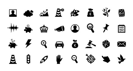 Big Icon Set. Justice, King, Gift, Car, Profile, Bird, Trafic Signal, Note, Router, Bulb, Bank, Deposit, Email, Chart, Cloud Icons Vector Illustration