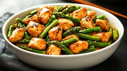 Savory bowl filled with delicious asparagus and tender chicken pieces creating a hearty and nutritious meal option