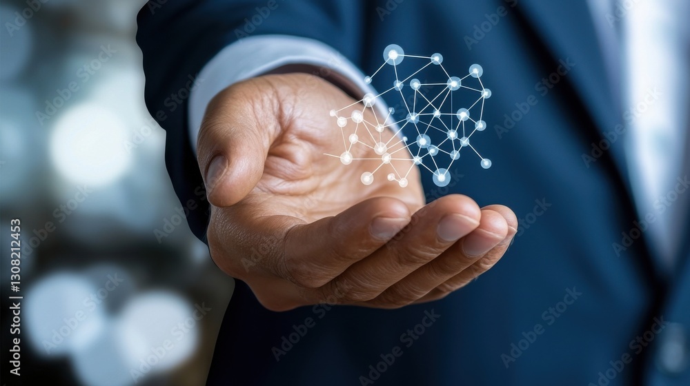 Poster futuristic hand holding a digital network connection icon representing the concept of innovation tec