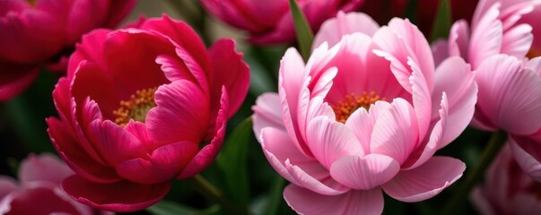 Fototapeta premium Bold red and soft pink peonies, close-up floral display, macro, red peonies