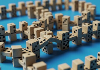 Wooden Dominoes Carefully Arranged Blue Background. AI Generated