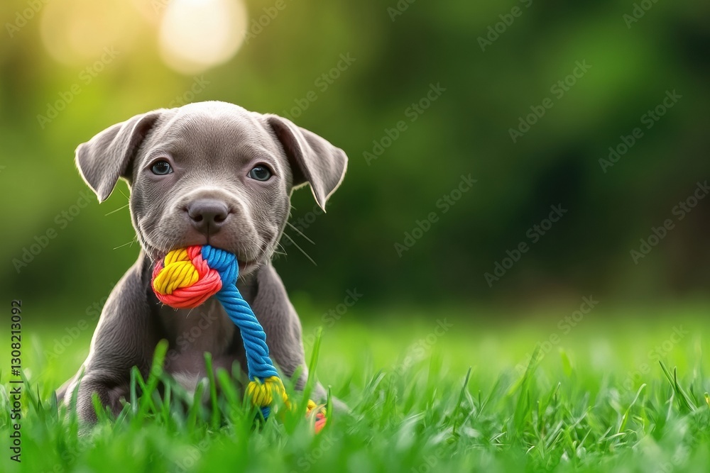 Fototapete playful puppy enjoys a colorful chew toy on lush grass in soft natural lighting generative ai