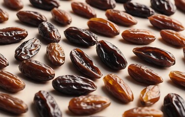 Close-up of a variety of dried dates arranged on a surface.