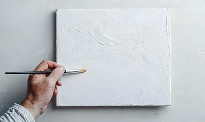 Artist Hand Holding Brush Over Blank Canvas Ready for Creation