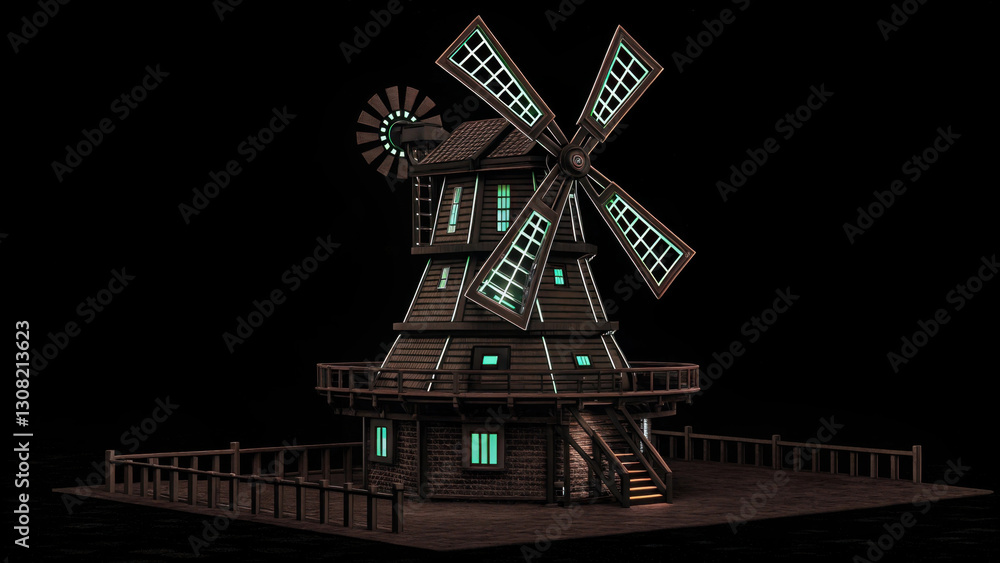 Poster futuristic windmill with glowing elements stands on wooden platform, showcasing advanced technology 
