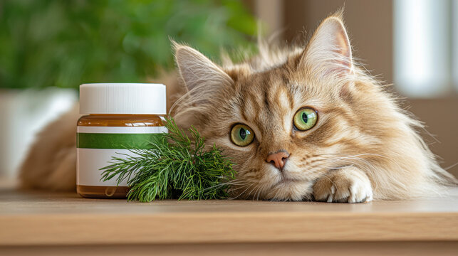 Playful cat posing with a bottle of sustainable pet care products emphasizing responsible pet ownership