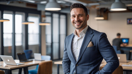 Obraz premium Businessman Confident male professional smiling in modern office - executive, success, corporate, career, leadership