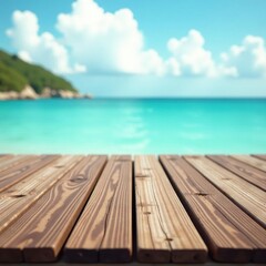 Weathered wooden planks, blurred ocean backdrop, copy, boardwalk, rustic