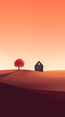 sunset , soft light on a house and a tree on a hill, phone wallpaper