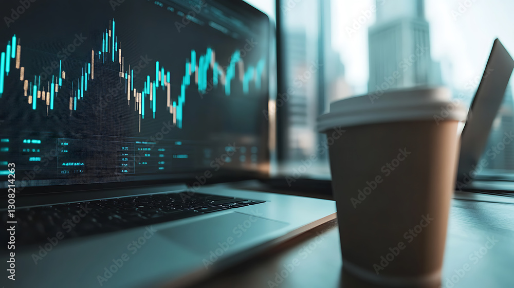 Aufkleber analyzing financial trends office environment digital data visualization urban setting close-up view
