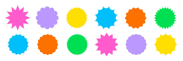 Star round sticker tag icon shape set. Circle starburst label shape for promo, sale, price offer badge sticker. Round tag shape vector icon. Sale, promo label graphic design. Vector illustration.