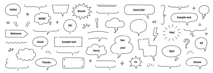 Line frame text speech bubble set. Line balloon frame design talk speech bubble frame. Comic japan style design conversation text dialog balloon, simple doodle thinking cloud. Vector illustration