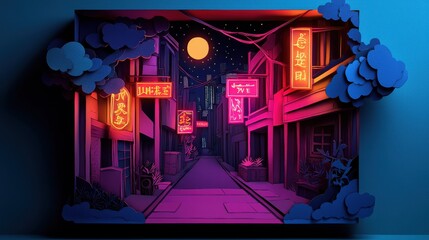 Vibrant Urban Street Scene Illuminated by Colorful Neon Signage at Night