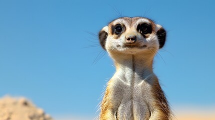 Close-up of a alert meerkat standing on its hind legs with an expressive face in a natural habitat setting
