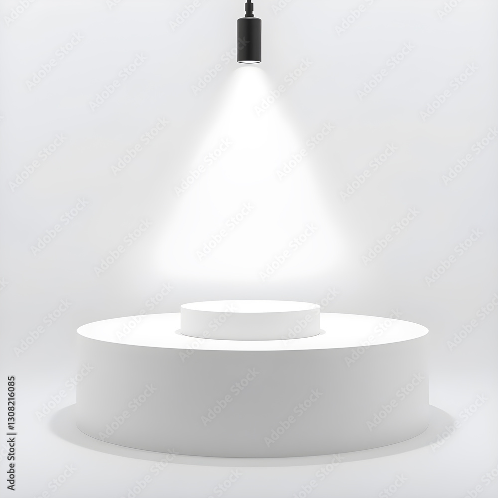 Poster white cylindrical podium with a smaller circular platform on top, illuminated by a single spotlight 