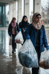 A group of teenagers takes out trash bags, carrying them carefully to the bins outside. Their faces show pride in contributing to the mosque