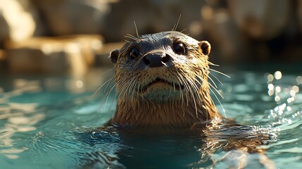 Close-up of a playful sea otter floating on water with a wet fur coat and adorable expression in its natural habitat