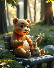 A kind bear shares his coin with a small rabbit, teaching the value of generosity. Created with AI