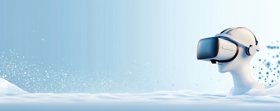 Futuristic virtual reality headset device floating against a vibrant blue backdrop representing the cutting edge technology for immersive digital experiences in gaming education