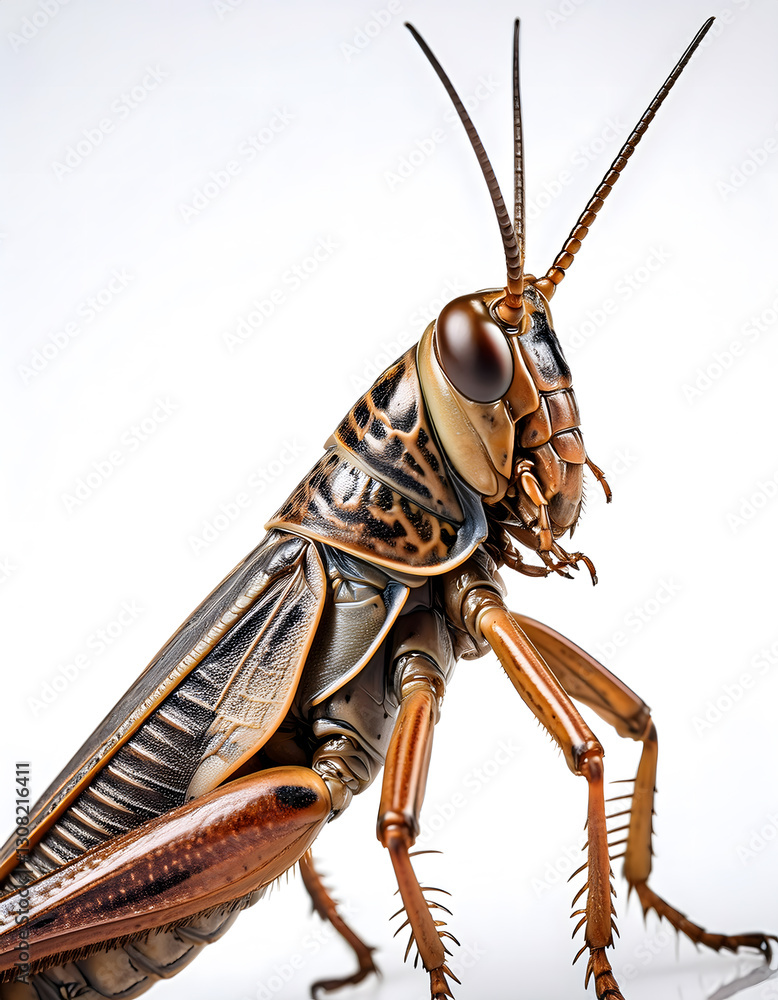 Poster a detailed digital rendering of a grasshopper, showcasing its intricate features and textures agains