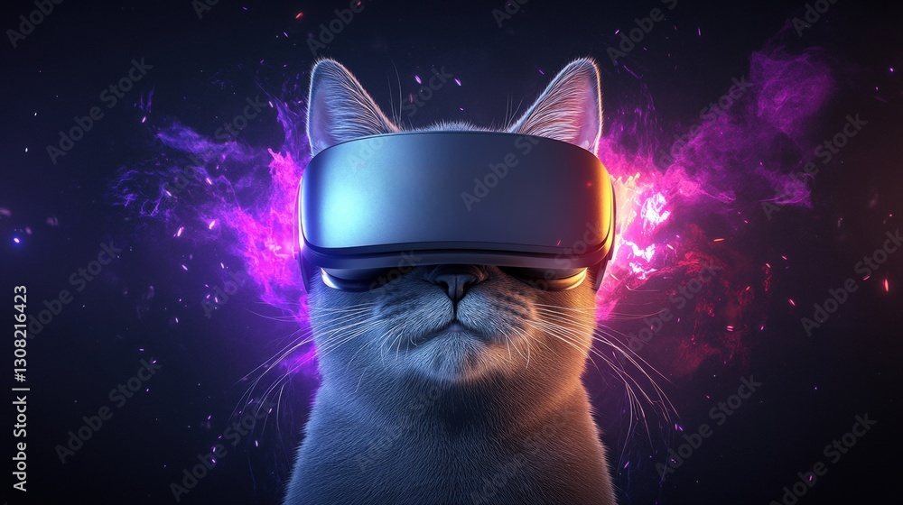 Poster quirky cat wearing a quirky virtual reality headset in an entertaining and amusing home environment