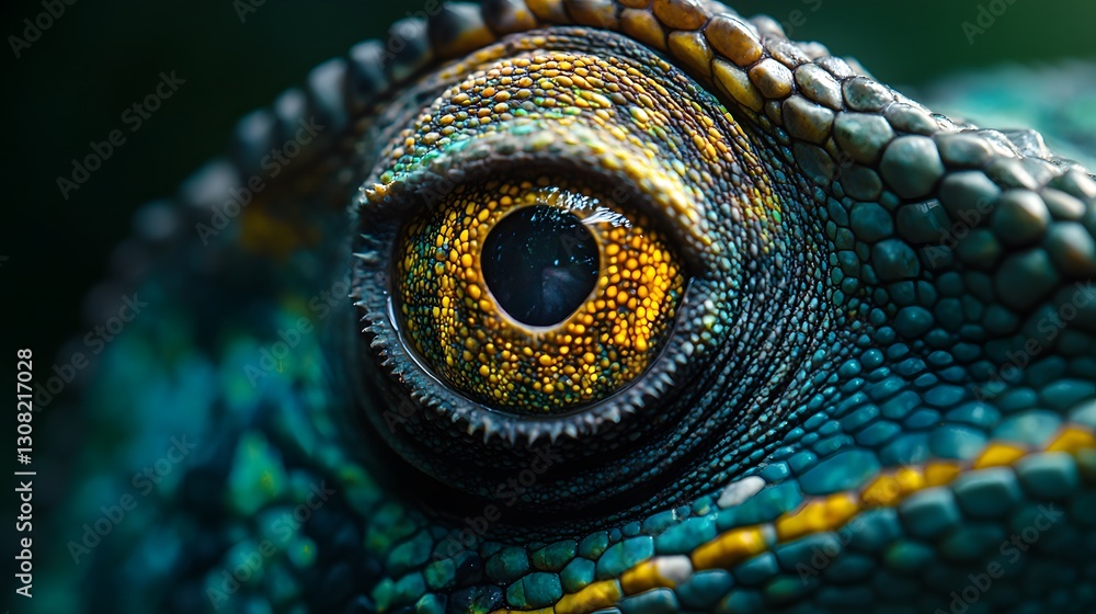 Poster extreme close-up image of a chameleon's eye showcasing intricate scales and beautiful color patterns