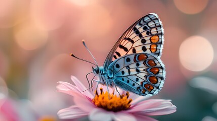 Fototapeta premium Captivating macro shot of a butterfly resting on a flower petal highlighting nature's colorful and delicate features