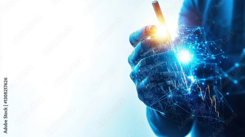 Poster person holding a detailed piece of circuit board with intricate patterns and electronic components i