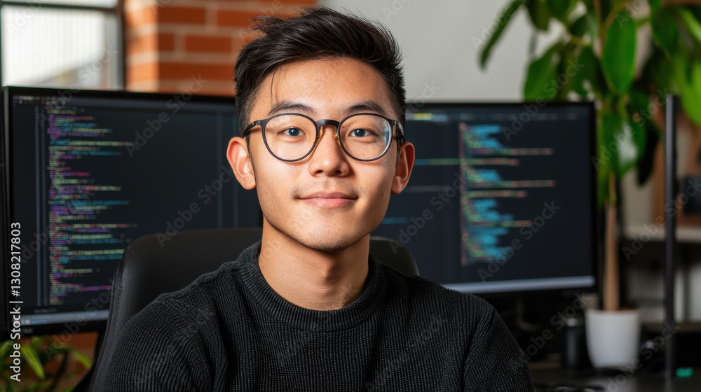 Poster aussie entrepreneurs businessman. young man with glasses smiling in front of computer screens with c