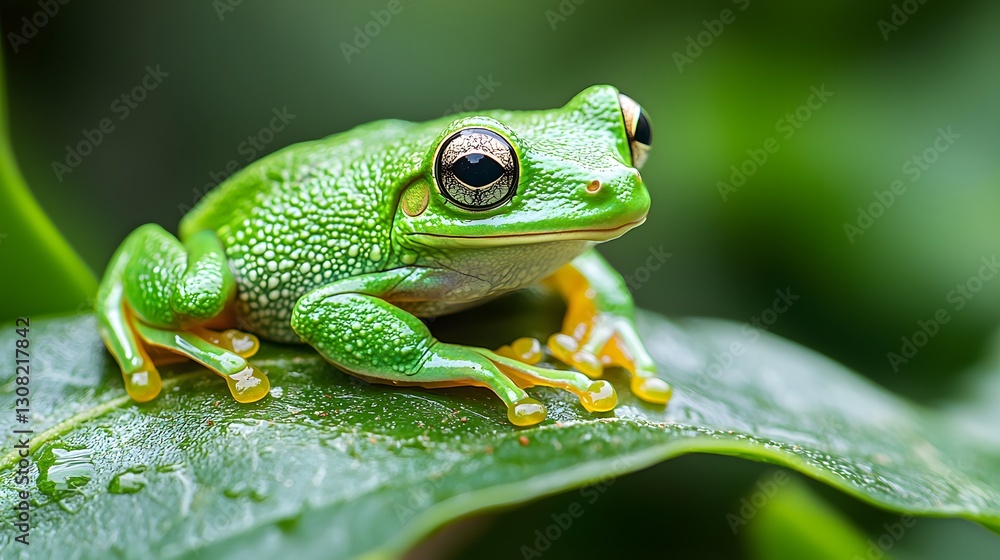 Aufkleber stunning macro capture of a green tree frog displaying its bright coloration while resting on a leaf