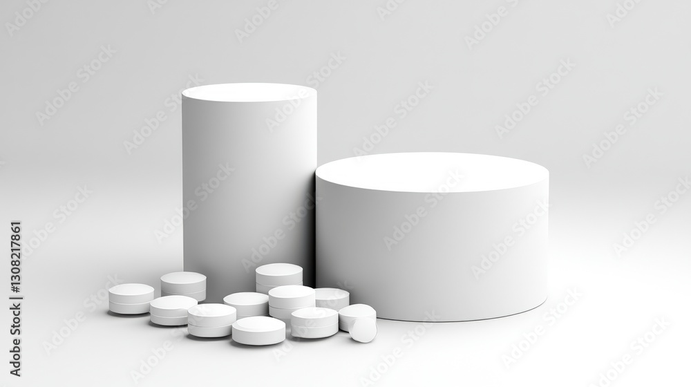 Poster collection of white cylinders arranged neatly displaying their smooth surfaces and uniform shapes in