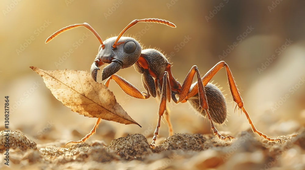 Poster captivating macro shot of two ants collaborating to carry a leaf with intricate details of their bod