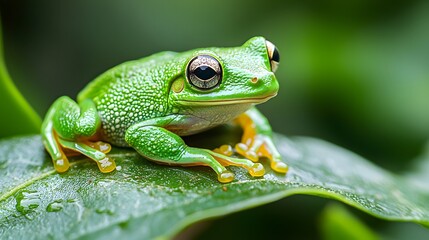 Naklejka premium Stunning macro capture of a green tree frog displaying its bright coloration while resting on a leaf in natural surroundings
