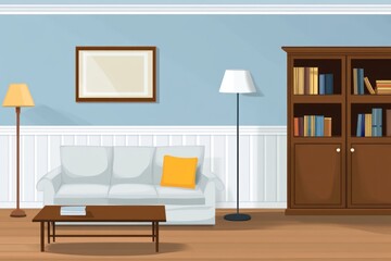 Interior living room scene with sofa, lamp, bookcase, and coffee table.