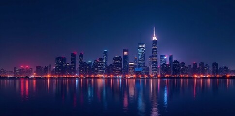 Fototapeta premium Abstract city skyline at night with glowing lights and skyscrapers, urban, city