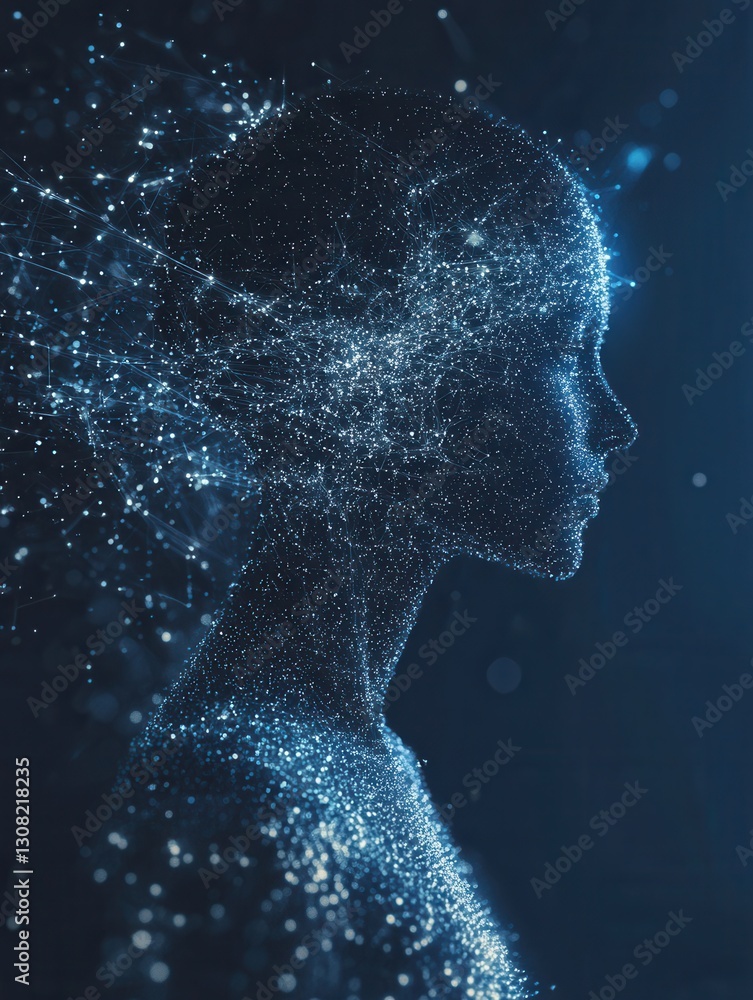 Poster futuristic silhouette formed by floating digital particles representing the intersection of artifici