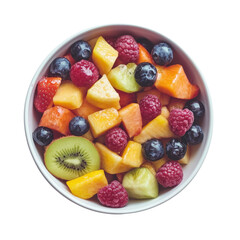 Bowl of colorful fruit salad isolated on transparent background, PNG file, healthy and fresh