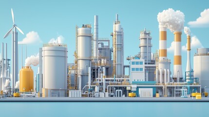 Obraz premium Futuristic and high tech industrial power plant complex with smokestacks pipes and various industrial equipment representing the production and processing of energy fuel