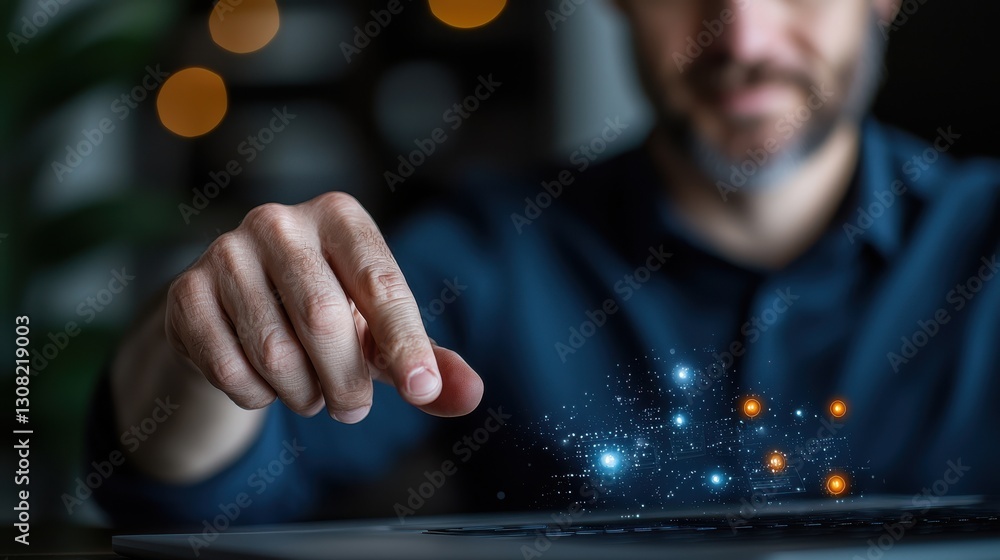 Poster hands interacting with sparkling digital technology screen for innovative business solutions highlig