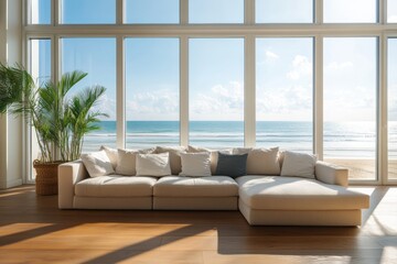 A modern living room features a spacious beige sectional sofa with soft cushions, large windows showcasing stunning ocean views, and lush indoor plants, creating a serene atmosphere.