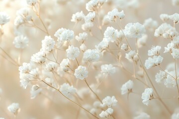 A graceful arrangement of tiny white flowers on slender stems, set against a soft, blurred background, creating a peaceful atmosphere perfect for conveying calmness and seasonal themes.