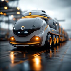 Futuristic autonomous electric transportation pods seamlessly navigating a sleek illuminated urban landscape amidst a rainy reflective environment