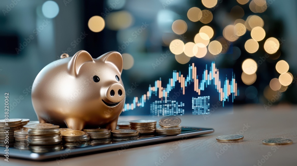 Poster golden piggy bank placed on calculator with colorful financial charts and graphs in the background r