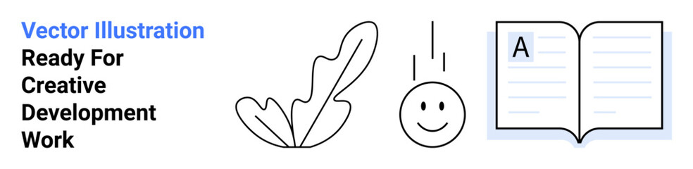 Feather and happy icon paired with an open book supporting creativity, learning, writing, and ideas. Ideal for education, literature, design, art, creativity brainstorming flat landing page banner